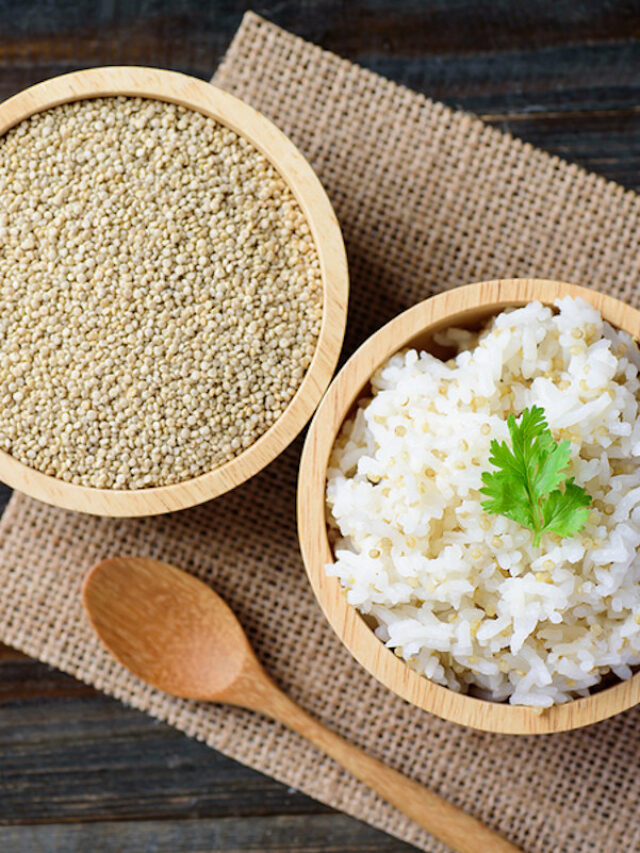 Cooked Rice With Quinoa Seed In A Bowl On Wooden Background, Hea